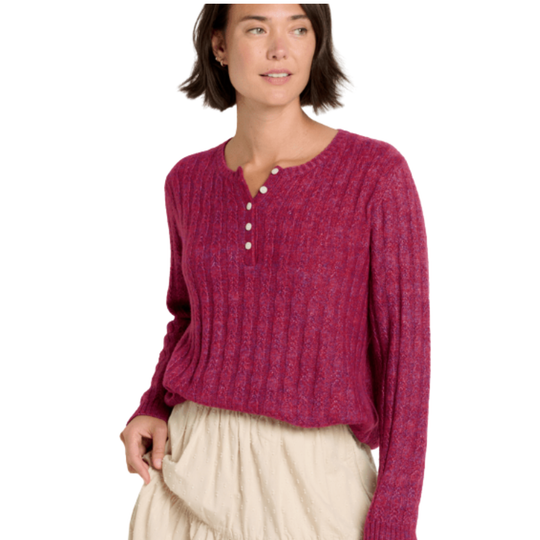 women wearing a red henley sweater front view