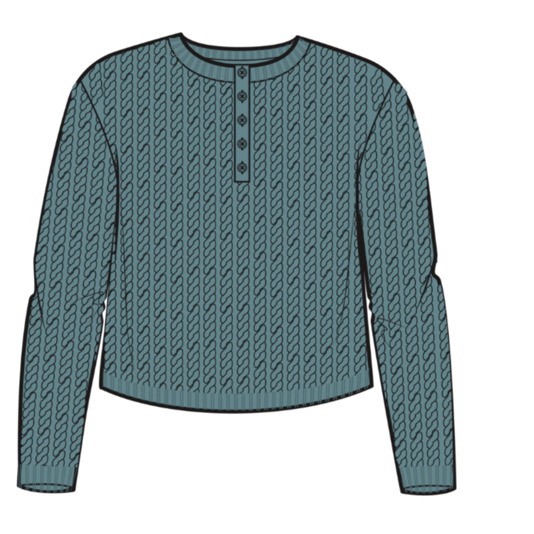 Teal cable knit sweater on a white background