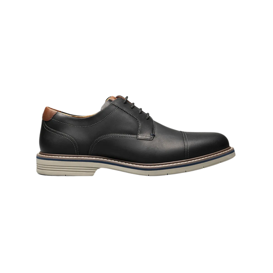 Black running shoe with white sole on a white background