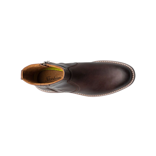 Brown leather boot with a visible brand logo on a white background