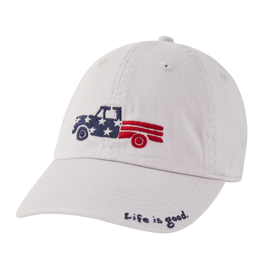White cap with American flag and truck design, featuring 'Life is good' text.