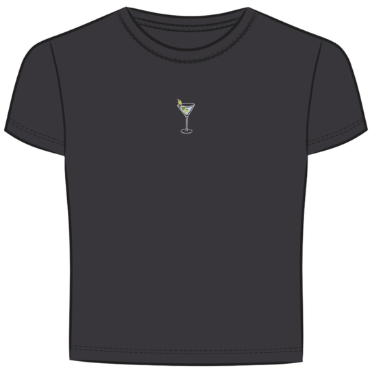 Black t-shirt with a martini glass design on a white background
