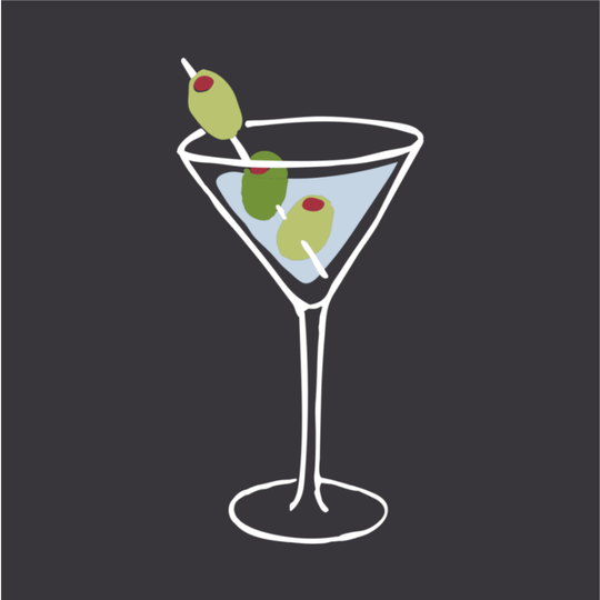 Illustration of a martini glass with olives on a black background