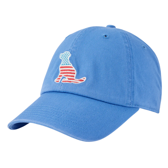 Blue cap with a dog design in American flag colors on a white background