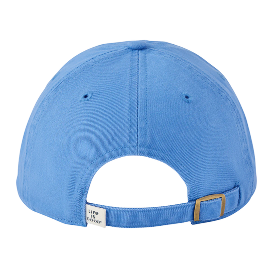 Blue cap with a visible brand tag on a white background