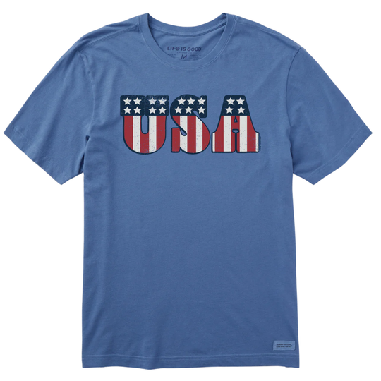 Blue t-shirt with 'USA' graphic design on a white background