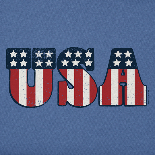 USA text with American flag design on a blue background