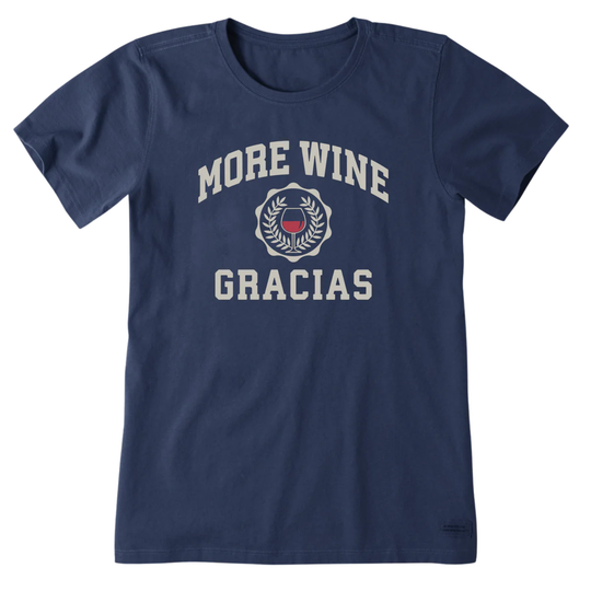 Navy blue t-shirt with 'More Wine Gracias' text and graphic on a white background