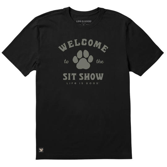 Black t-shirt with 'Welcome to the Sit Show' text and paw print design on a white background