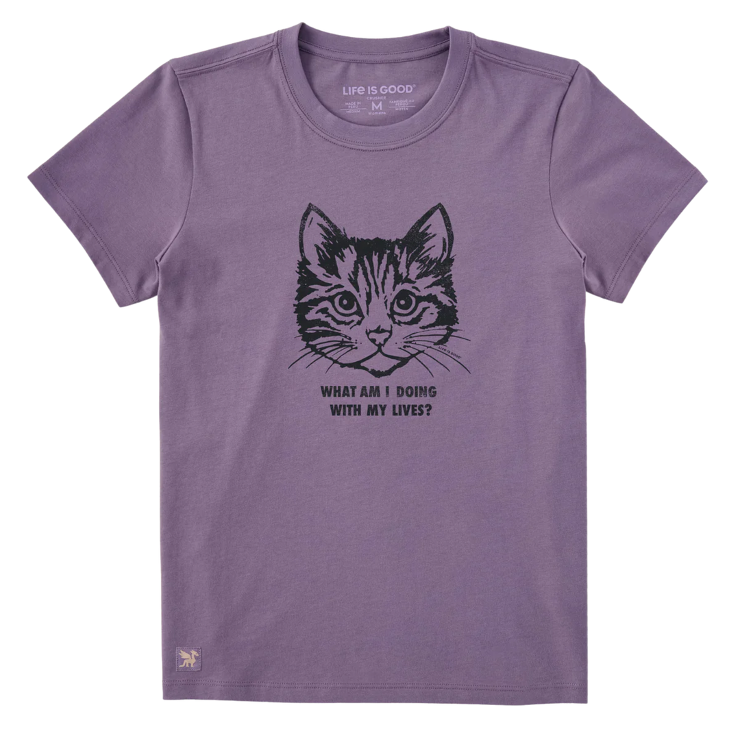 Purple t-shirt with a cat graphic and text on a white background