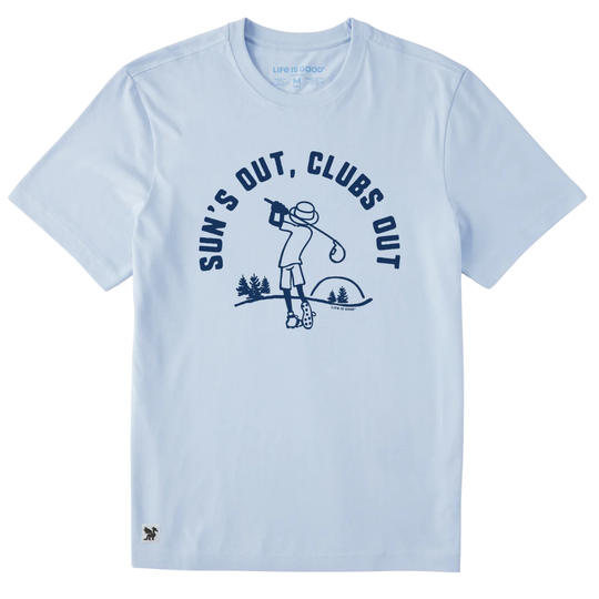 Light blue t-shirt with a graphic design and text on a white background