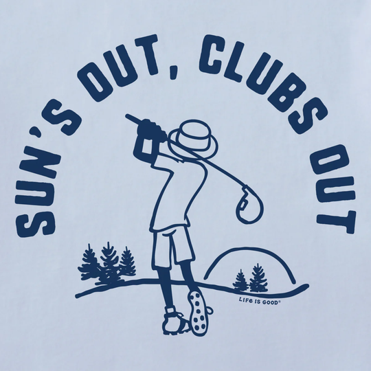 Golf-themed graphic with 'Sun's Out, Clubs Out' text on a light blue background.
