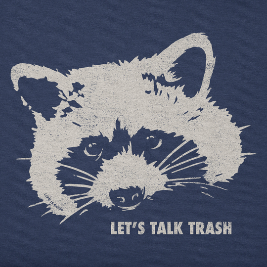 Navy blue t-shirt with a white raccoon graphic and 'Let's Talk Trash' text.
