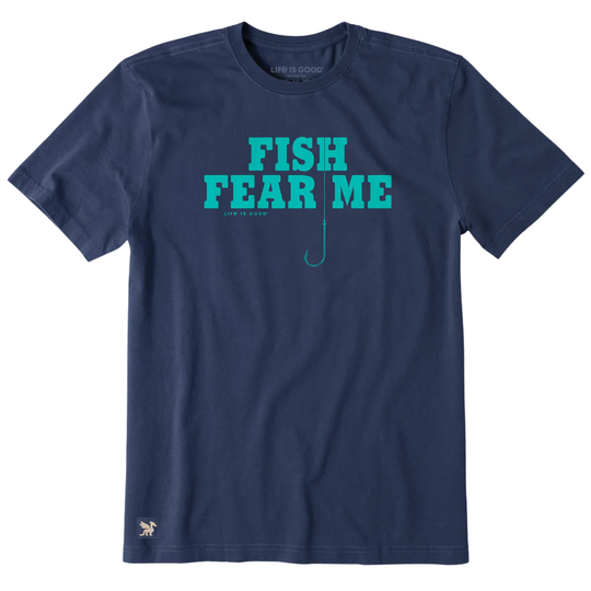 Navy blue t-shirt with 'Fish Fear Me' text and fishing lure graphic on a white background