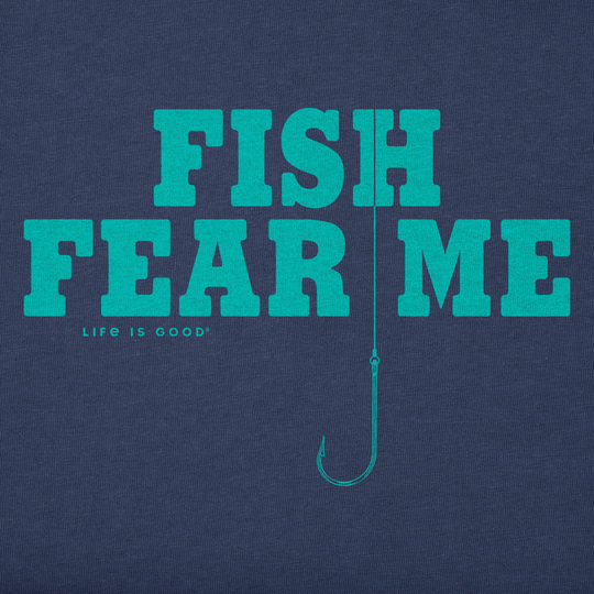 Navy blue t-shirt with teal 'Fish Fear Me' text and fishing hook graphic, featuring 'Life is Good' brand.
