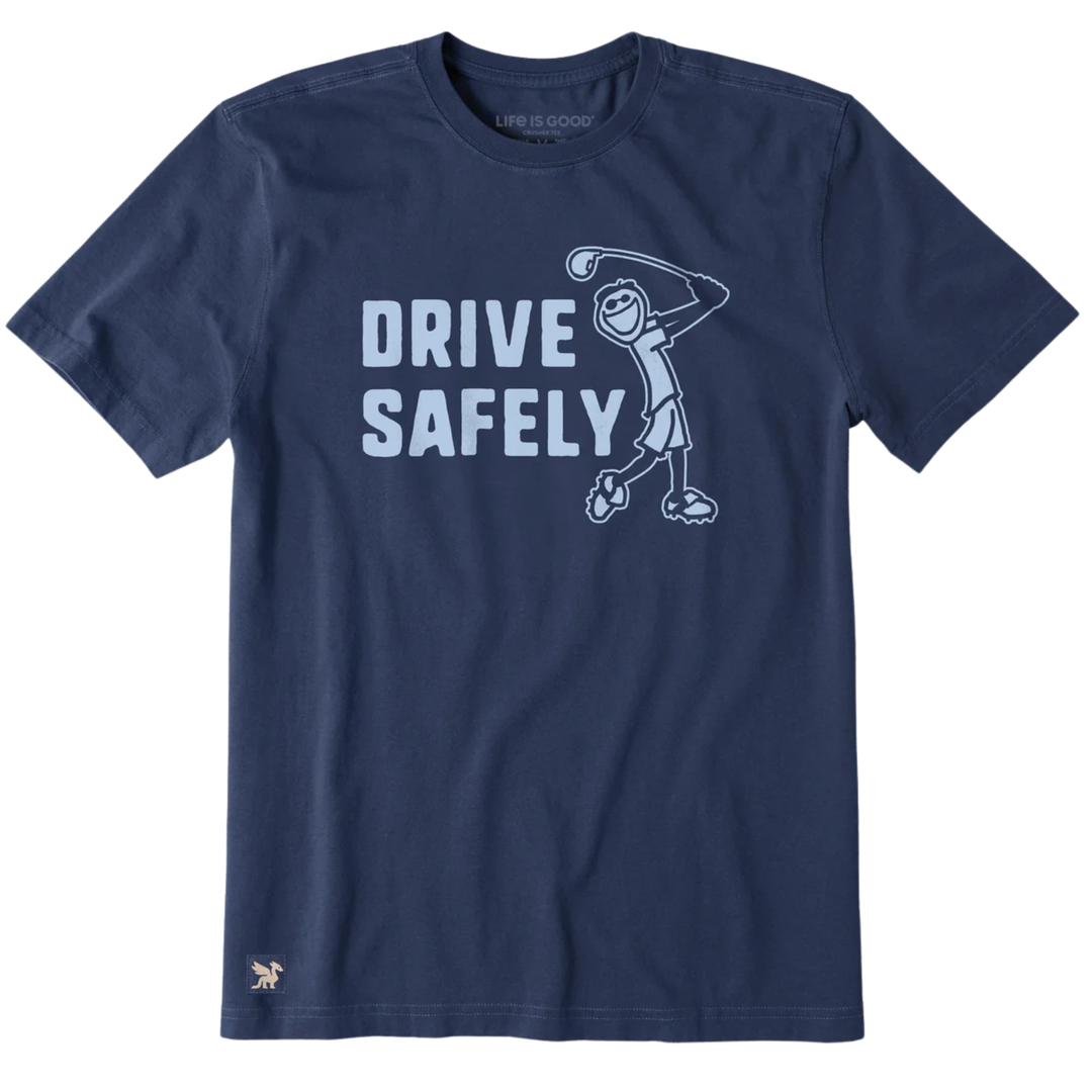 Navy blue t-shirt with 'Drive Safely' graphic on a white background