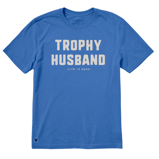 Blue t-shirt with 'Trophy Husband' text on a white background