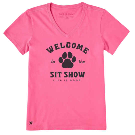 Pink t-shirt with black paw print graphic and text on a white background