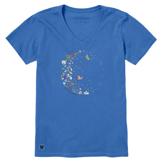 Blue t-shirt with a floral crescent moon design on a white background