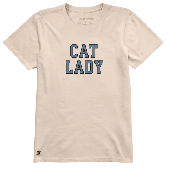 Beige t-shirt with 'CAT LADY' text on a white background