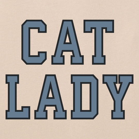 Text 'CAT LADY' in large blue letters on a beige background