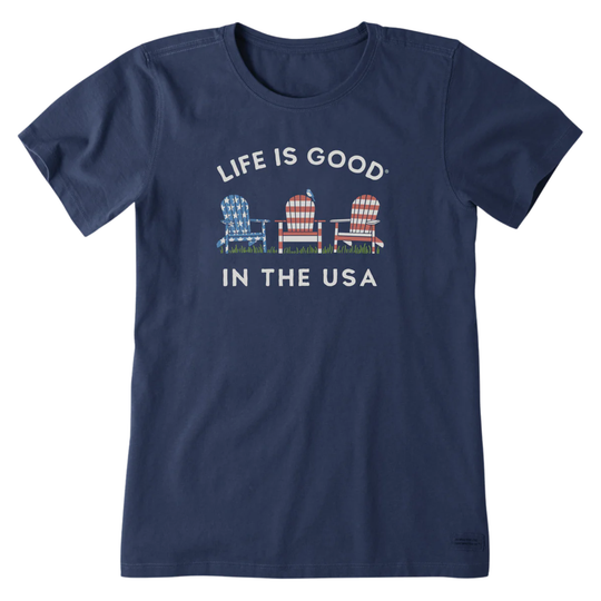 Navy blue t-shirt with 'Life is Good in the USA' graphic on a white background