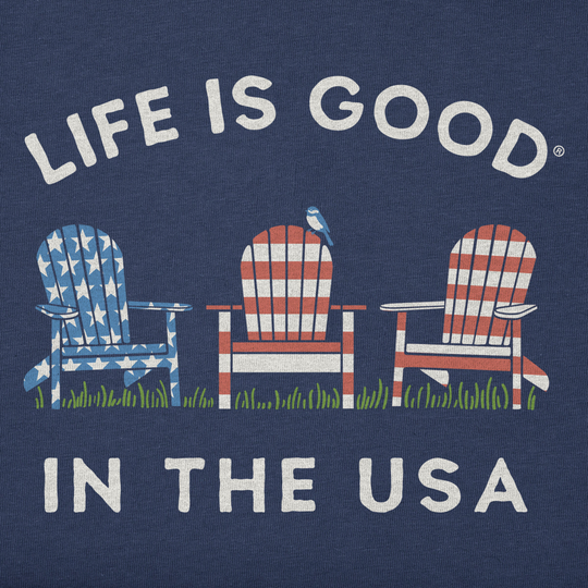 Navy blue shirt with 'Life is Good in the USA' text and Adirondack chairs design.
