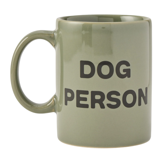 Green mug with 'DOG PERSON' text on a white background