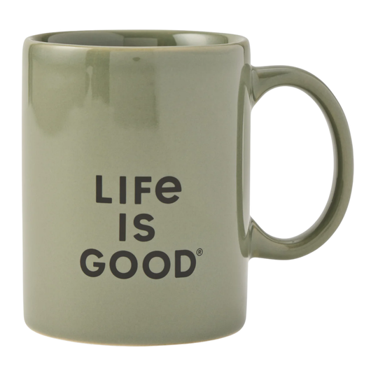 Green mug with 'Life is Good' text on a white background