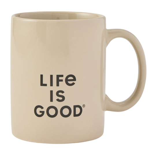 Beige mug with 'LIFE IS GOOD' text on a white background