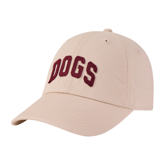 Beige cap with 'DOGS' embroidered in maroon on a white background