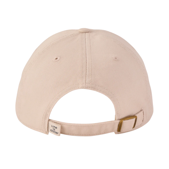 Beige cap with a strap and 'Life is good' logo on a white background
