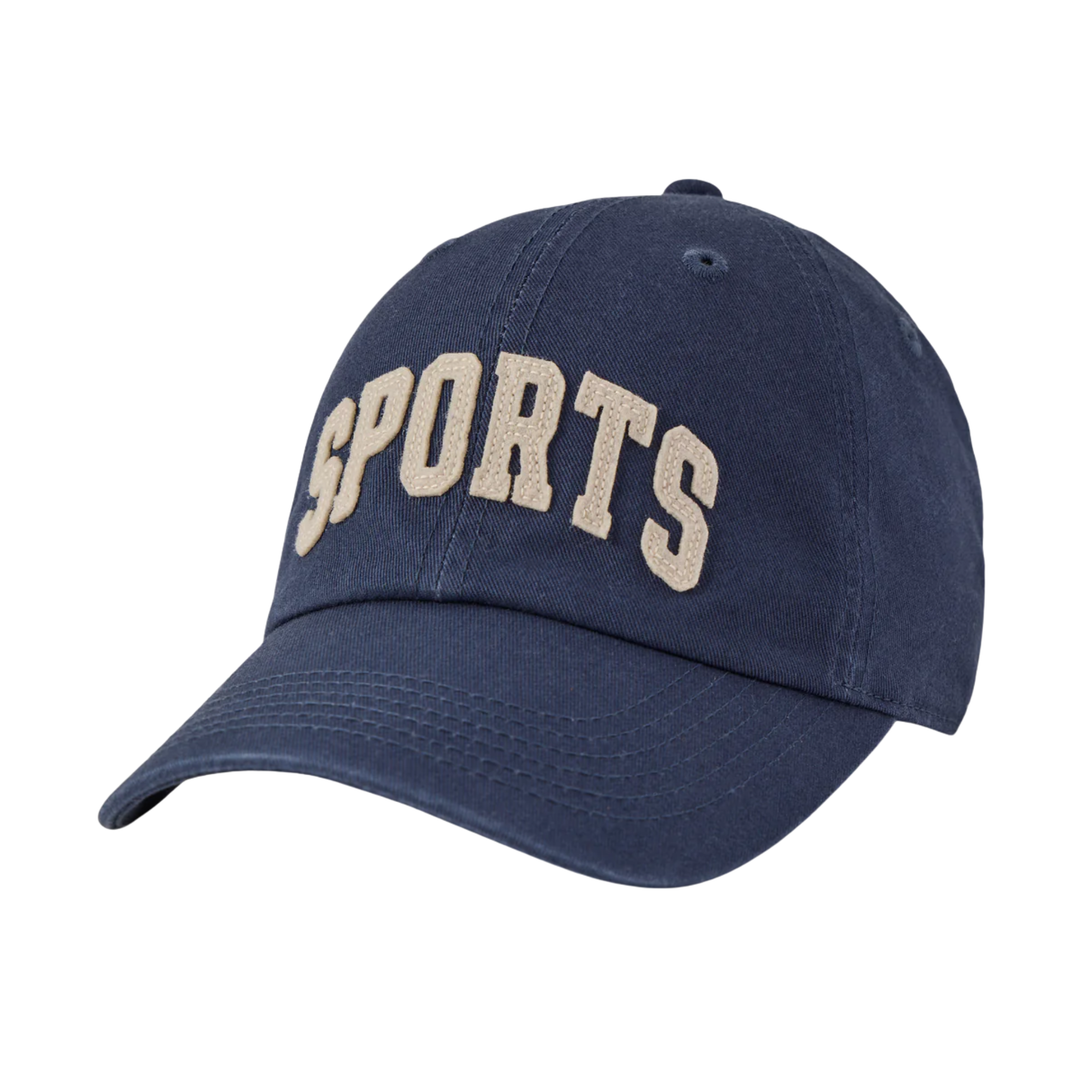 Navy blue cap with 'SPORTS' text on a white background