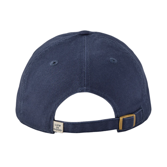 Navy blue cap with 'Life is Good' label on a white background