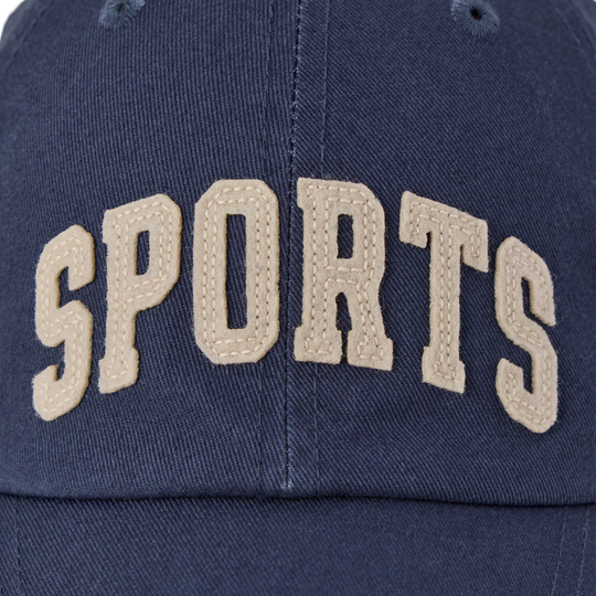 Navy blue cap with 'SPORTS' embroidered in beige