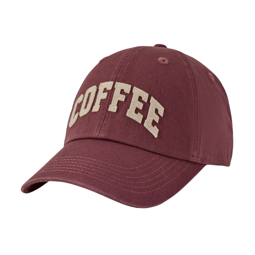 Maroon cap with 'COFFEE' text on a white background