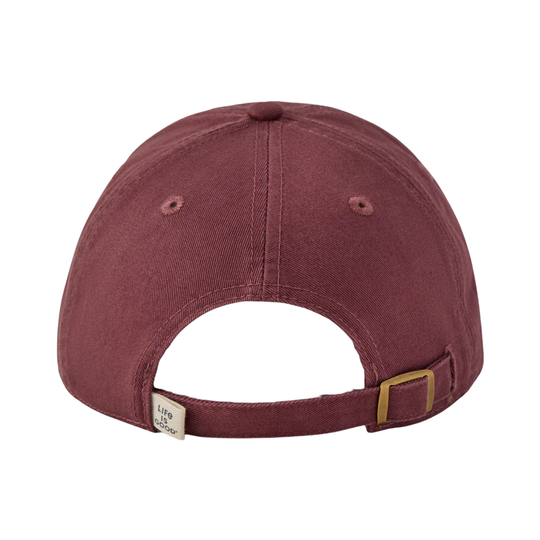 Maroon baseball cap with a gold buckle on a white background
