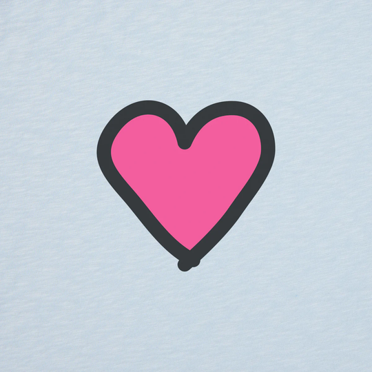 Pink heart with black outline on a light blue background