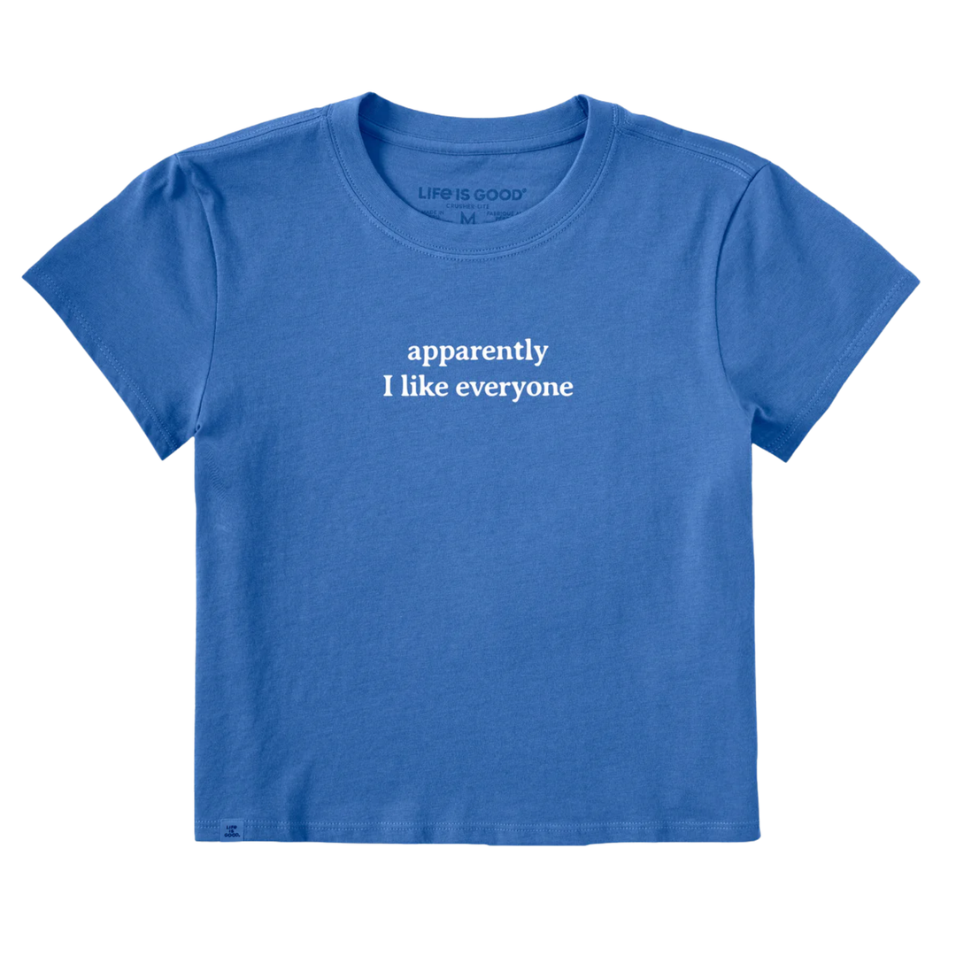 Blue t-shirt with white text 'apparently I like everyone' on a white background