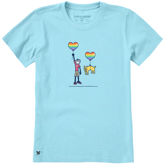 Light blue t-shirt with a graphic of a person holding rainbow balloons and a dog on a white background.
