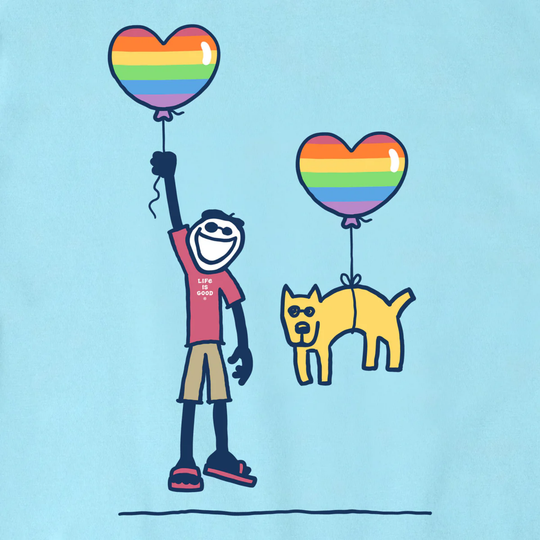 Illustration of a person holding a rainbow heart balloon with a dog attached, on a light blue background.