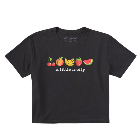 Black t-shirt with fruit illustrations and 'a little fruity' text on a white background