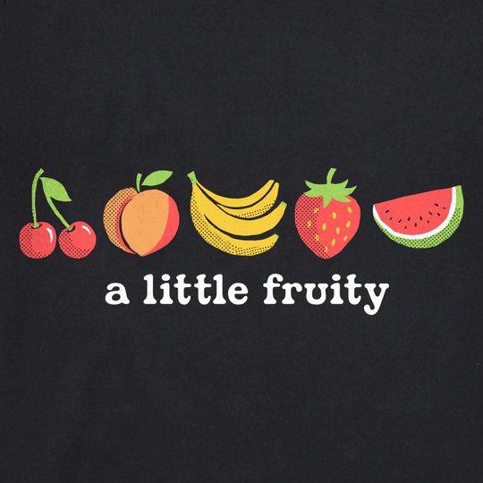 Fruit illustrations with the text 'a little fruity' on a black background