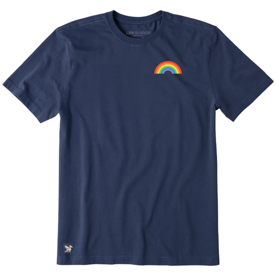 Navy blue t-shirt with a rainbow graphic on a white background
