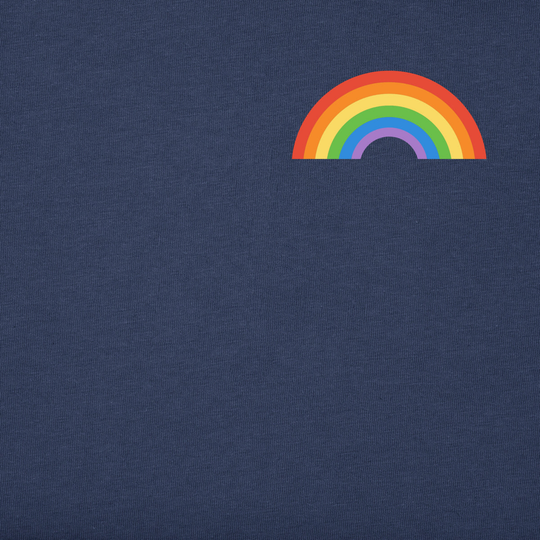 Navy blue fabric with a rainbow embroidered on it