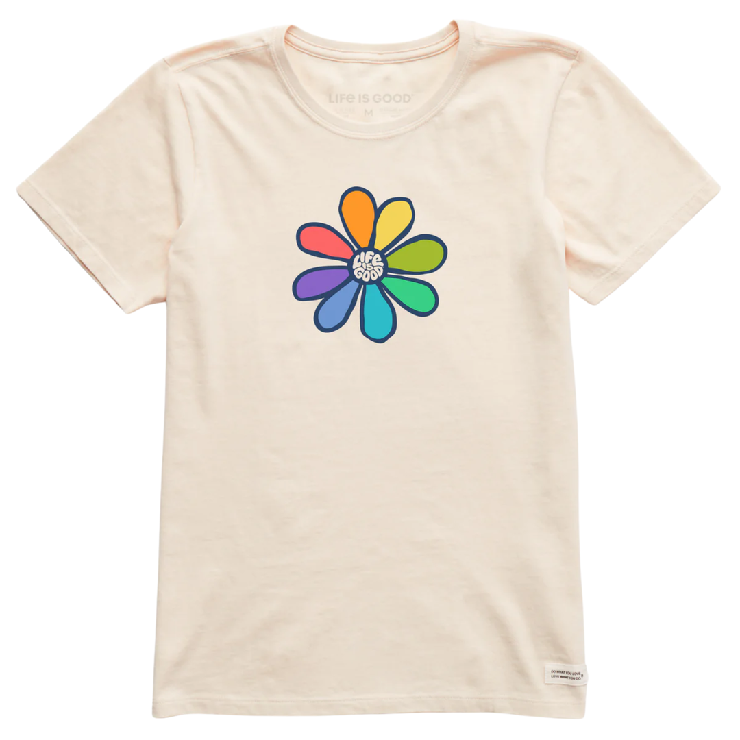 Beige t-shirt with a colorful flower graphic on a white background