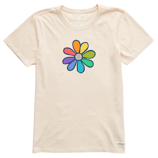 Beige t-shirt with a colorful flower graphic on a white background