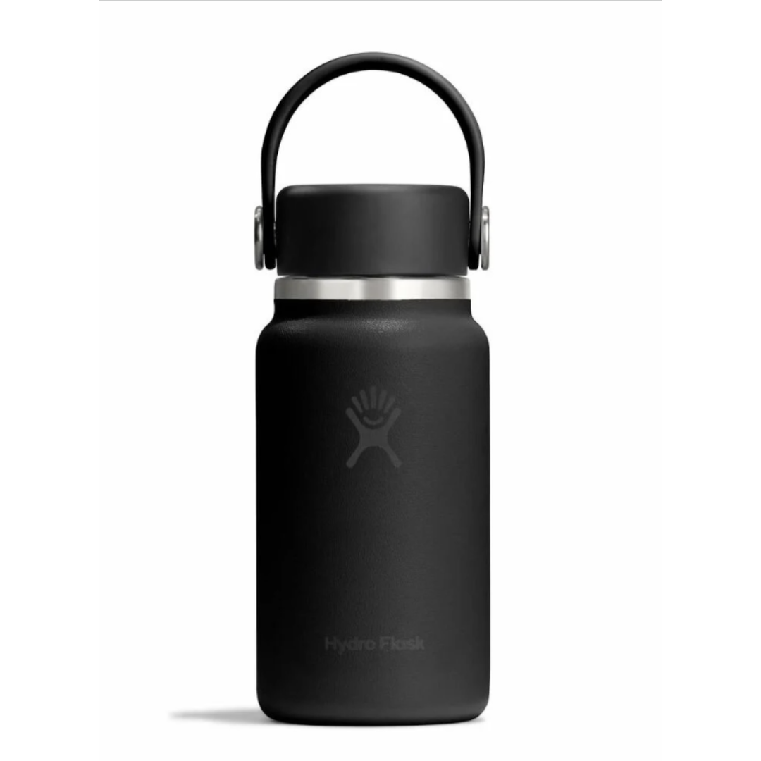 Black Hydro Flask water bottle with a black lid on a white background