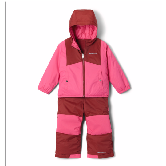 Pink and red children's snowsuit with Columbia logo on a white background