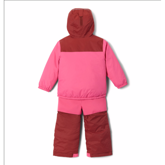 Pink and red children's snowsuit on a white background